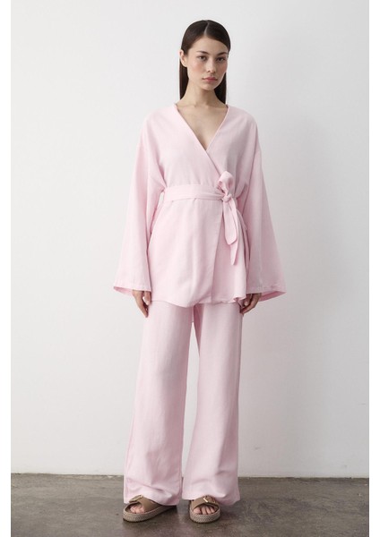 Pembe Pamuklu Kimono Bol Paça Pantolon Takım
