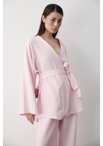 Pembe Pamuklu Kimono Bol Paça Pantolon Takım fiyatları