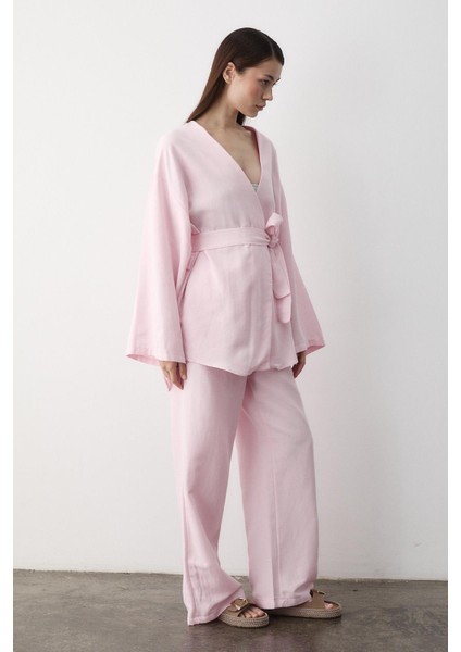 Pembe Pamuklu Kimono Bol Paça Pantolon Takım indirimleri