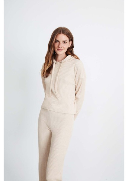 Layla Kadın Triko Görünümlü Kapüşonlu Ribana Bej Sweatshirt fırsatları