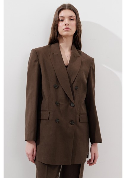 Tencel Kemerli Kruvaze Blazer Ceket Acı Kahve