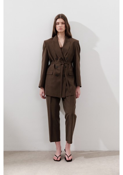 Tencel Kemerli Kruvaze Blazer Ceket Acı Kahve fırsatları
