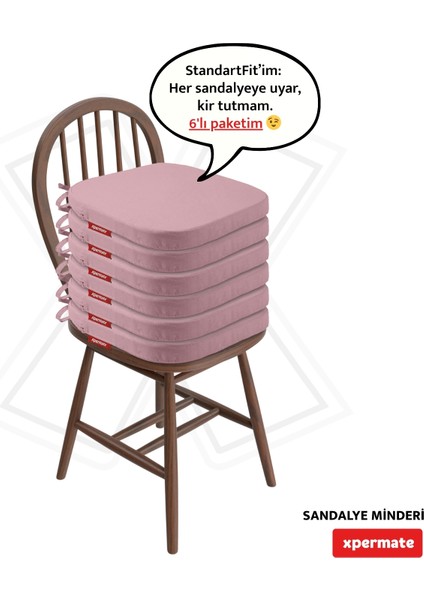 6'lı Standartfit Oval Sandalye Minderi Fermuarlı Yıkanabilir Kılıf Bağcıklı Su ve Yağ Itici 42 x 42 x 5 Pembe