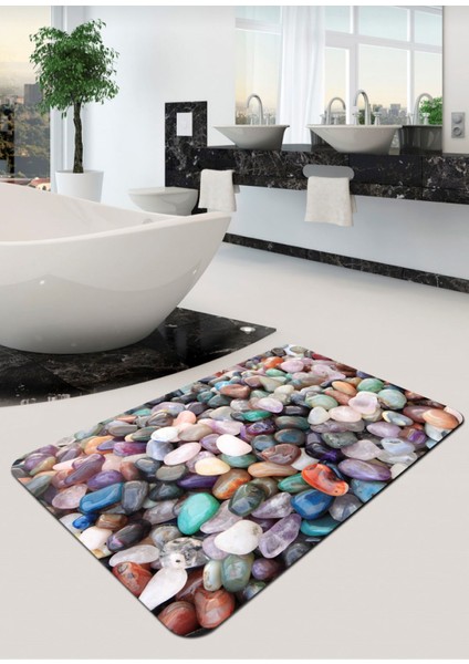 Renkli Taşlar Desenli Kaymaz Taban Banyo Halısı 80x120 cm