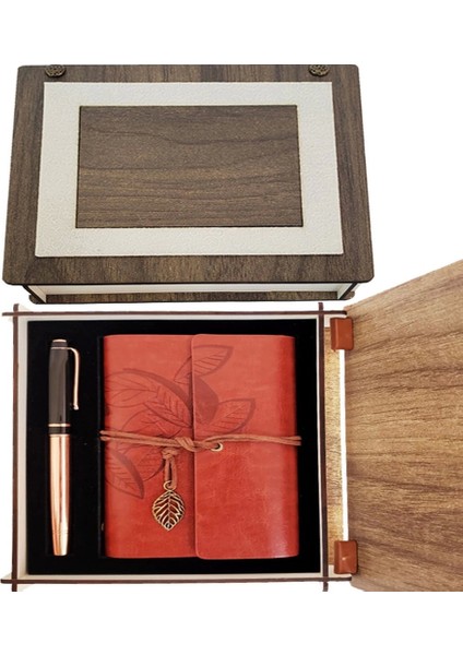 Özel Ahşap Kutulu Kahve Deri Defter ve Bakır Roller Kalem Set - EMY7677-6830