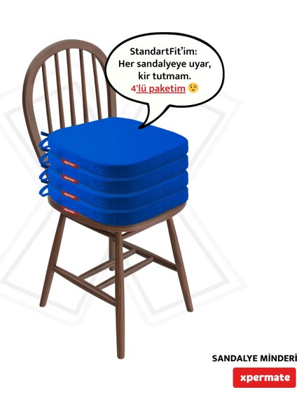 4'lü Standartfit Oval Sandalye Minderi Fermuarlı Yıkanabilir Kılıf Bağcıklı Su ve Yağ Itici 42 x 42 x 5 Mavi