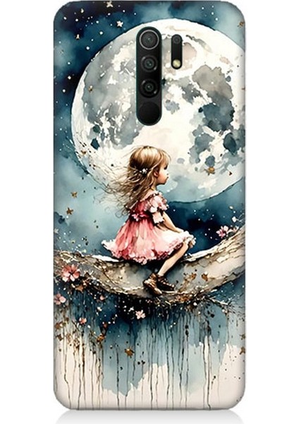 Xiaomi Redmi 9 Uyumlu Ay Üzerinde Hayalci Kız Desenli Silikon Kılıf