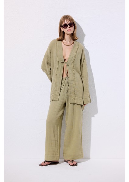 Müslin Bağlamalı Pantolon Adaçayı modelleri