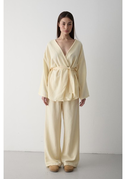 Sarı Pamuklu Kimono Bol Paça Pantolon Takım modelleri