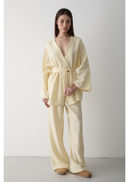 Sarı Pamuklu Kimono Bol Paça Pantolon Takım