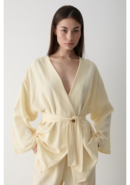 Sarı Pamuklu Kimono Bol Paça Pantolon Takım fiyatları