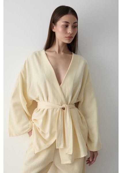 Sarı Pamuklu Kimono Bol Paça Pantolon Takım fırsatları