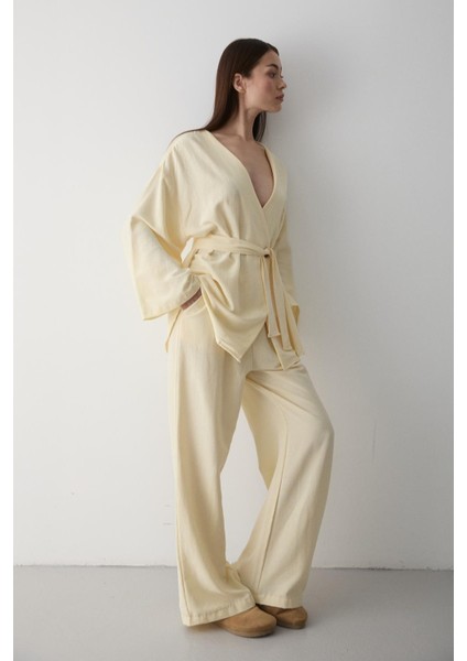 Sarı Pamuklu Kimono Bol Paça Pantolon Takım indirimleri