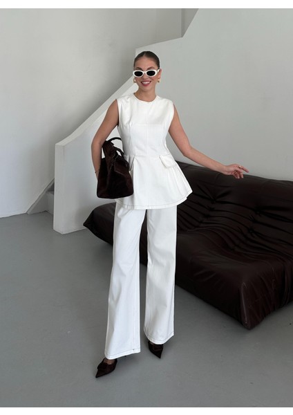 Beyaz Leandra Tasarım Bluz Pantolon Takım