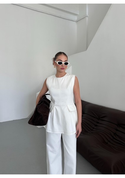 Beyaz Leandra Tasarım Bluz Pantolon Takım fiyatları