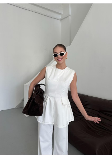 Beyaz Leandra Tasarım Bluz Pantolon Takım fırsatları
