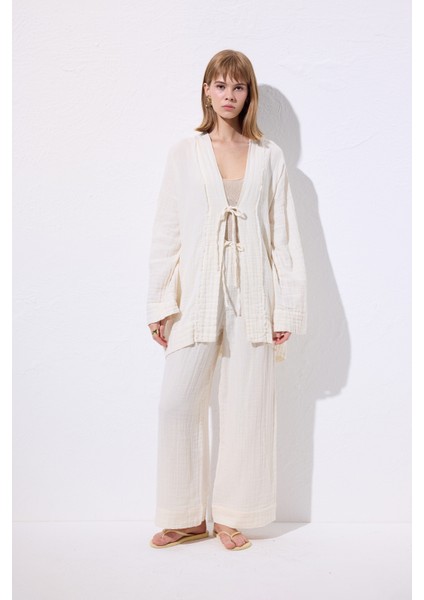 Müslin Bağlamalı Pantolon Bej modelleri