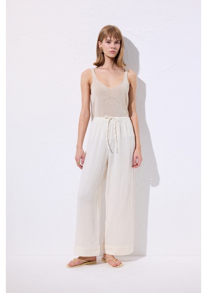 Müslin Bağlamalı Pantolon Bej fırsatları