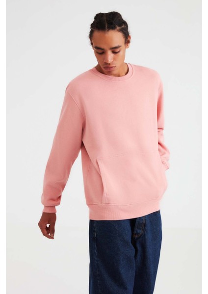 Naıve Dokuma Comfort Fit Baskılı Yuvarlak Yaka Pembe Sweatshirt