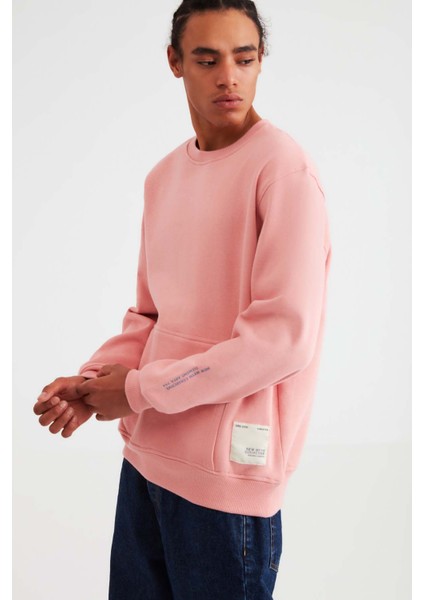 Naıve Dokuma Comfort Fit Baskılı Yuvarlak Yaka Pembe Sweatshirt indirimleri