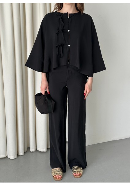 Siyah Yarasa Kol Bağcık Düğme Detaylı Takım modelleri