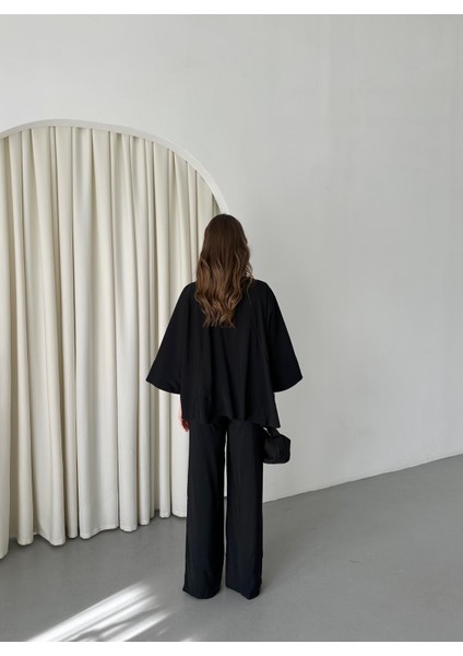 Siyah Yarasa Kol Bağcık Düğme Detaylı Takım fırsatları