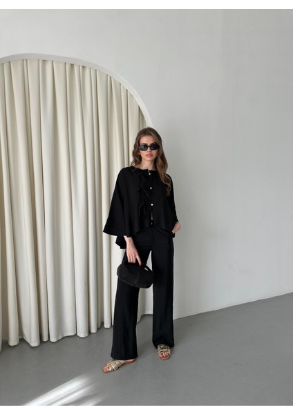 Siyah Yarasa Kol Bağcık Düğme Detaylı Takım indirimleri