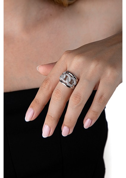 925 Ayar Gümüş Taşlı Zincir Görünümlü Yüzük