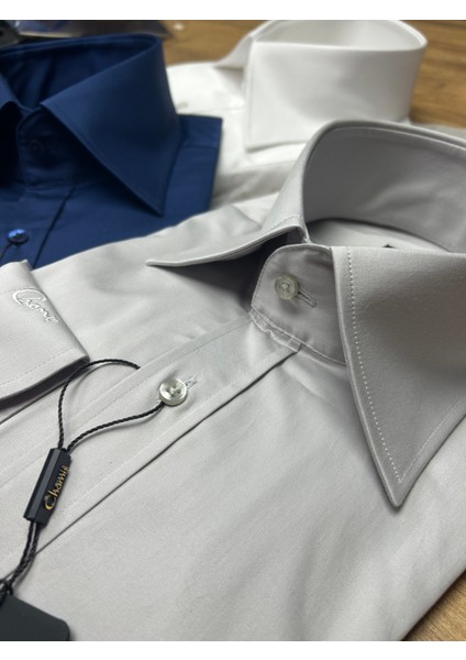 Slimfit Gümüş Saten Polat Yaka Gömlek