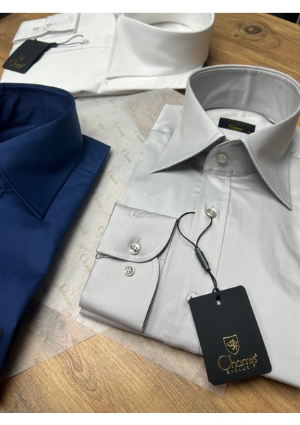 Slimfit Gümüş Saten Polat Yaka Gömlek