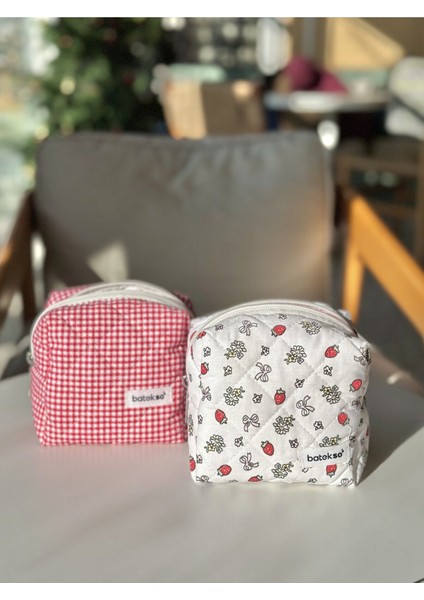 Renkli 2'li Kırmızı Çilek ve Kare Desenli Mini Makyaj Çantası Seti
