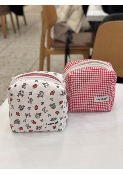 Renkli 2'li Kırmızı Çilek ve Kare Desenli Mini Makyaj Çantası Seti modelleri