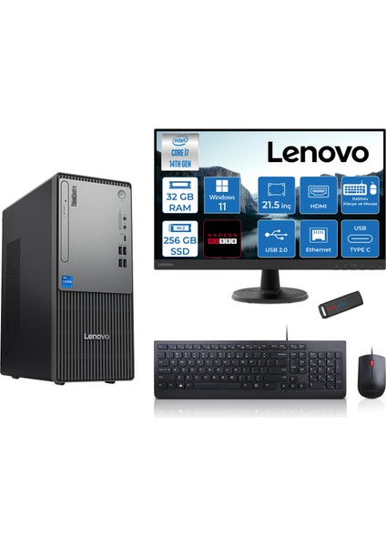 Thinkcentre Neo 50T Gen5 Intel Core I7 14700 32GB Ddr5 256GB SSD 21.5 Inç Monitör Windows 11 Pro Radeon RX550 4gb Masaüstü Bilgisayar 5502112UAS0GL00P11 + Zetta Flash Bellek
