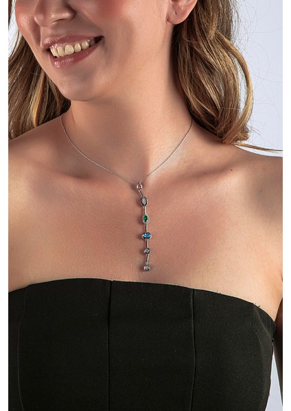 925 Ayar Gümüş Renkli Geometrik Taşlı Y Kolye