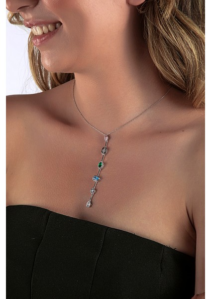 925 Ayar Gümüş Renkli Geometrik Taşlı Y Kolye fiyatları