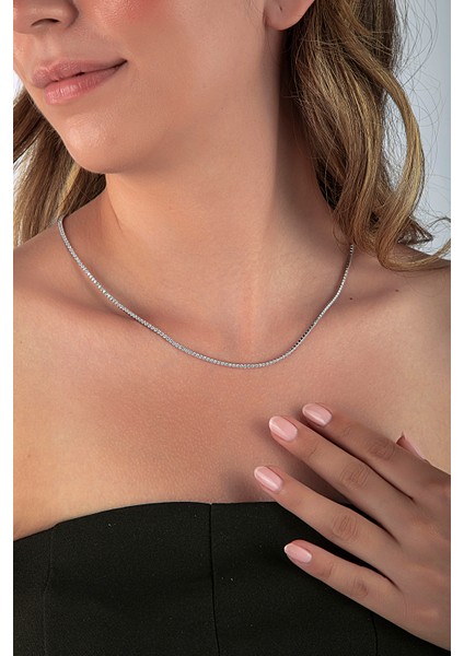 925 Ayar Gümüş 1,5mm Taşlı Klasik Su Yolu Kolye