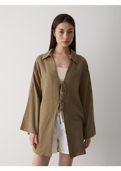 Olive %100 Pamuk Keten Bağcık Detaylı Kimono Bluz