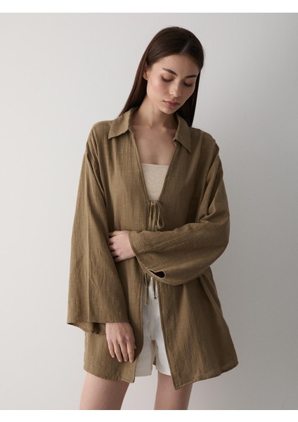 Olive %100 Pamuk Keten Bağcık Detaylı Kimono Bluz modelleri