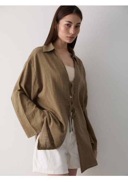 Olive %100 Pamuk Keten Bağcık Detaylı Kimono Bluz fırsatları