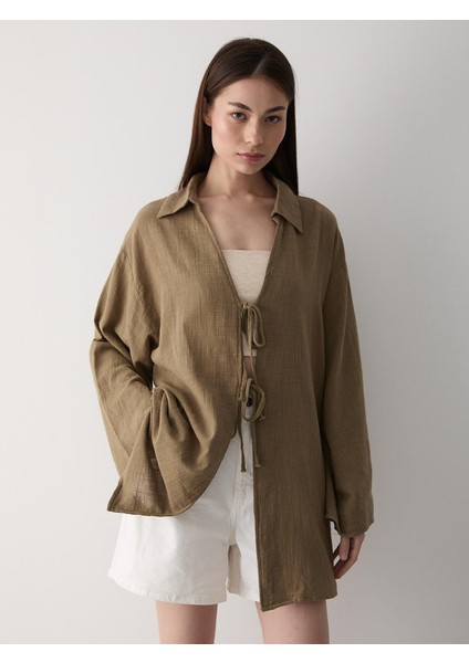 Olive %100 Pamuk Keten Bağcık Detaylı Kimono Bluz indirimleri