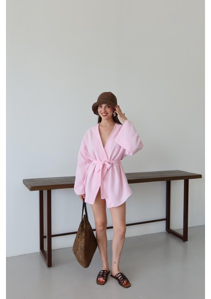 Pembe Pamuklu Düğme Detaylı Kemerli Keten Kimono
