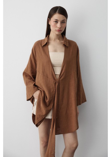 Kahve Flam Keten Kimono Gömlek
