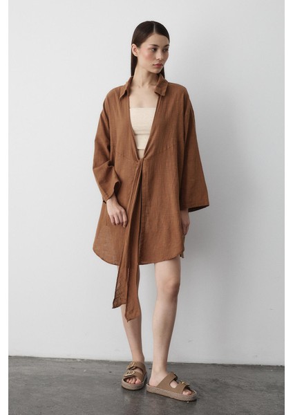 Kahve Flam Keten Kimono Gömlek