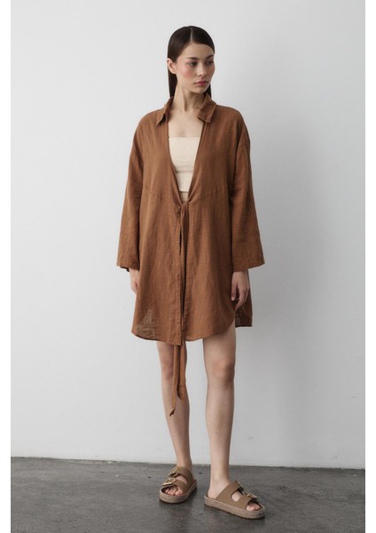 Kahve Flam Keten Kimono Gömlek