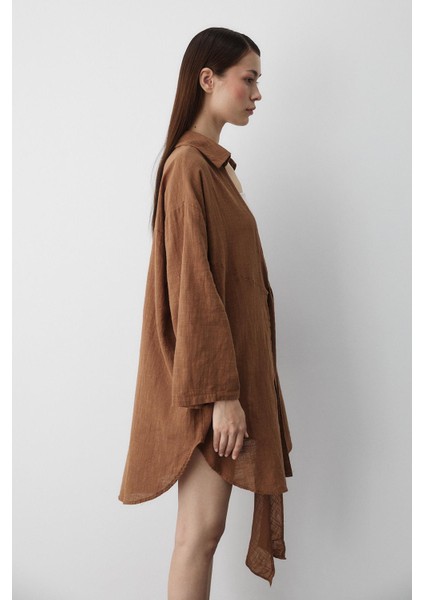 Kahve Flam Keten Kimono Gömlek