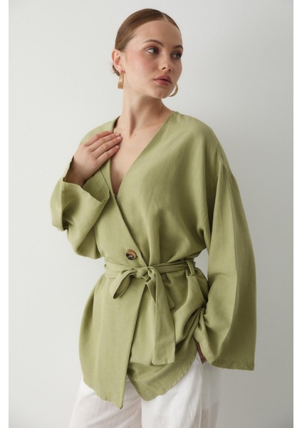 Haki Pamuklu Düğme Detaylı Kemerli Keten Kimono