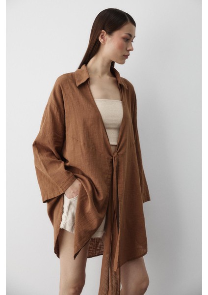 Kahve Flam Keten Kimono Gömlek