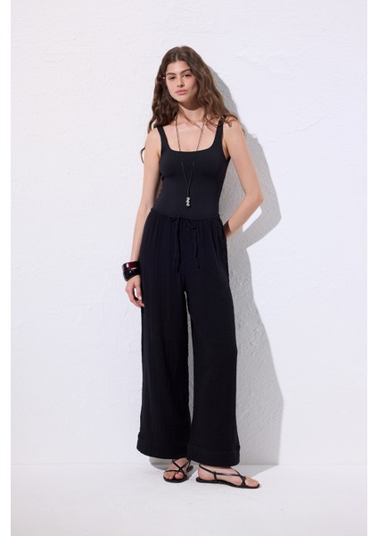 Müslin Bağlamalı Pantolon Siyah