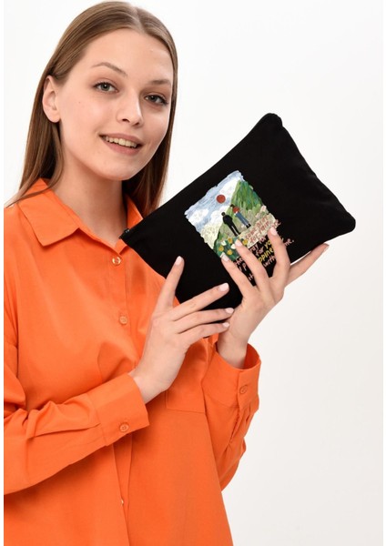 Şık Siyah Kanvas Makyaj Çantası, Praying For Happiness Tasarımı fırsatları