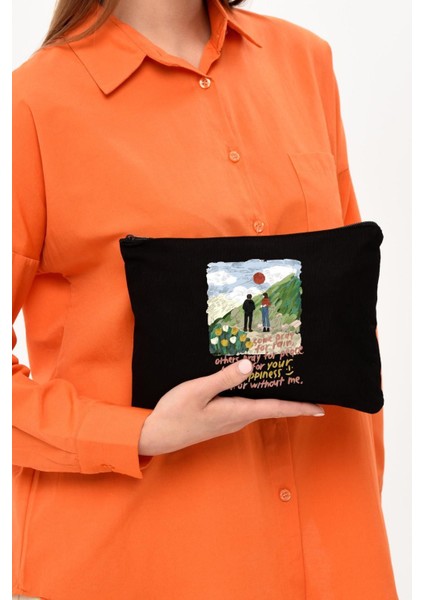 Şık Siyah Kanvas Makyaj Çantası, Praying For Happiness Tasarımı indirimleri